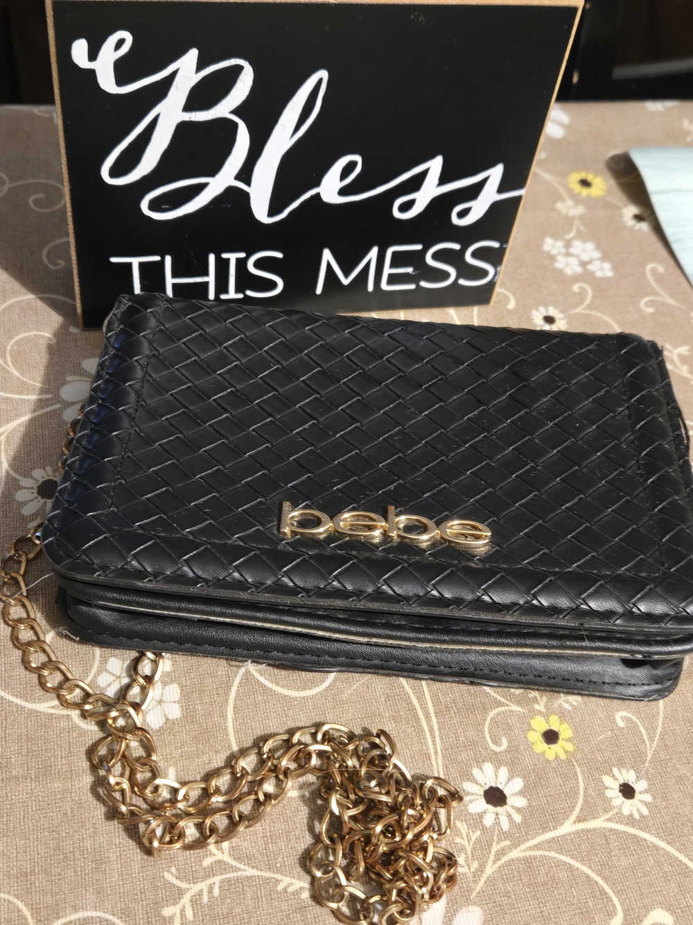 bebe Black Quilted Crossbody with Gold Chain